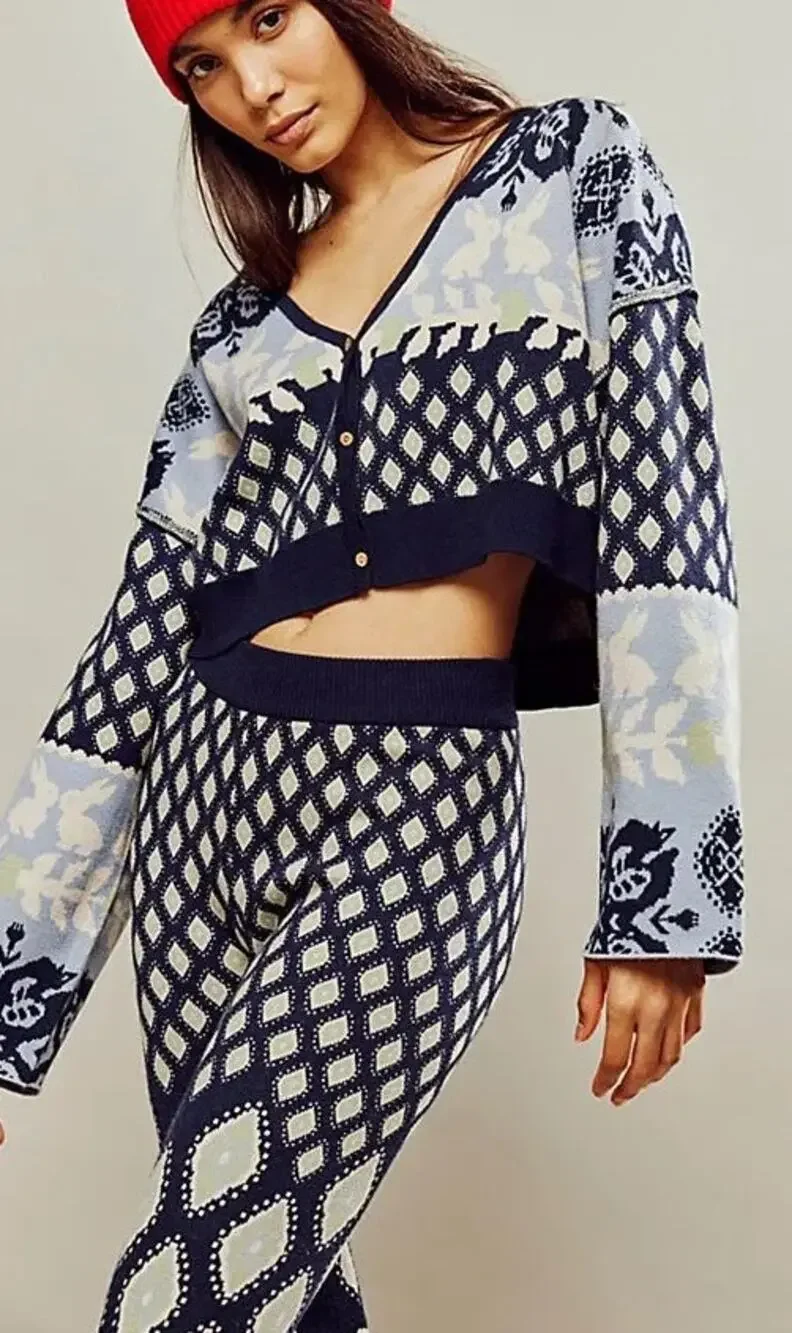 Free People Snow Bunny Knit SET Cardigan & Leggings XS Blue Lounge Nordic Indie